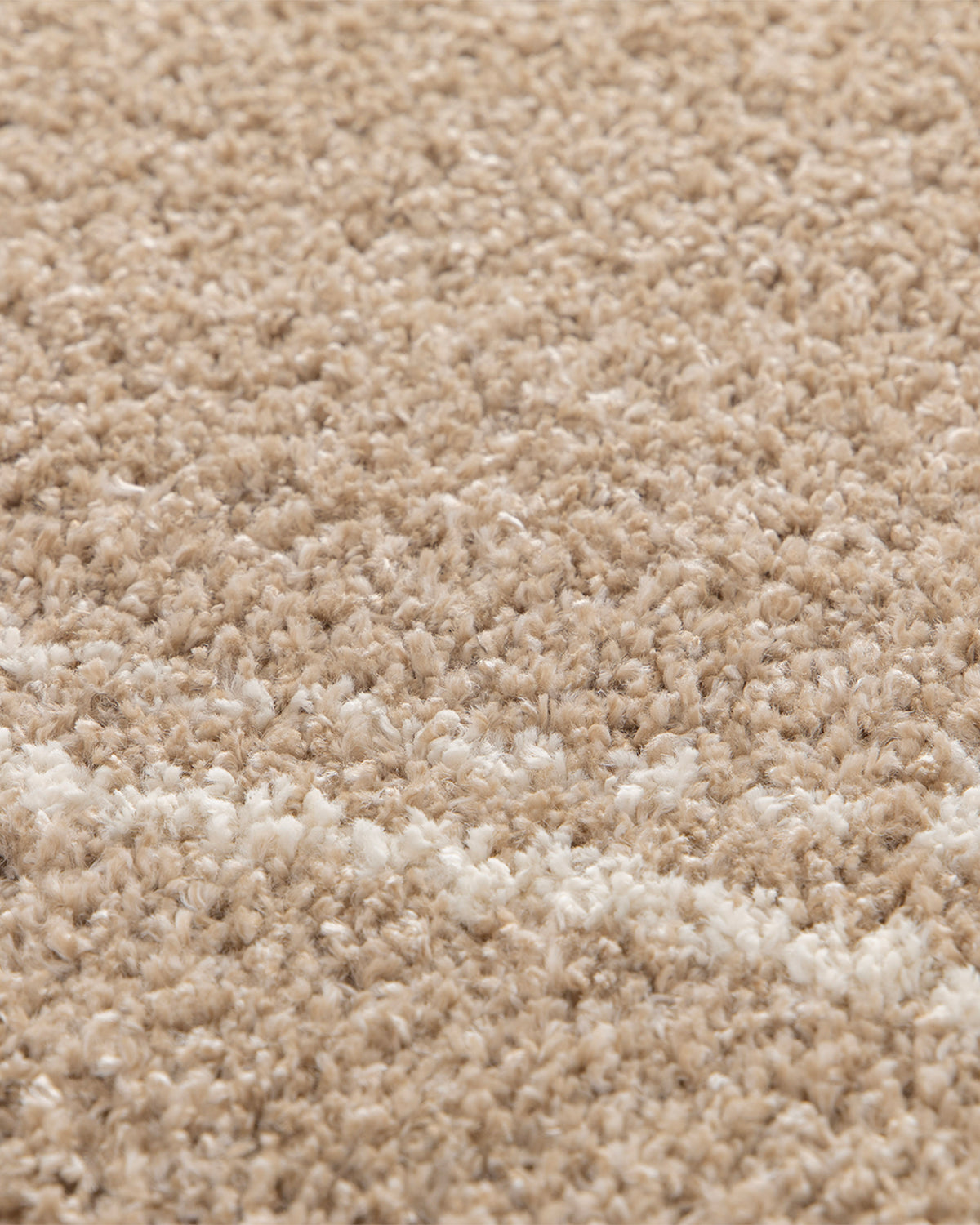 gros plan sur la densité du velours beige et le liseré écru d'un tapis de salon Estero