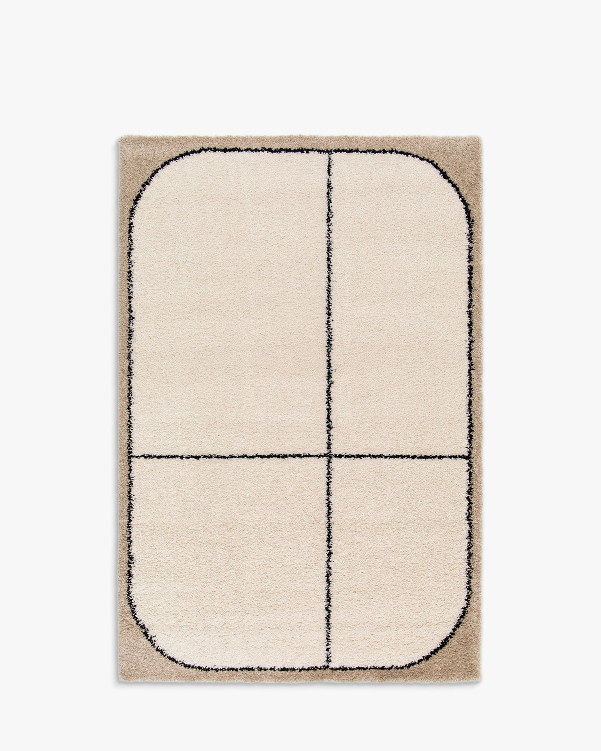 tapis de salon Kento petit format écru à cadre noir arrondi et bordure sable - vu de dessus