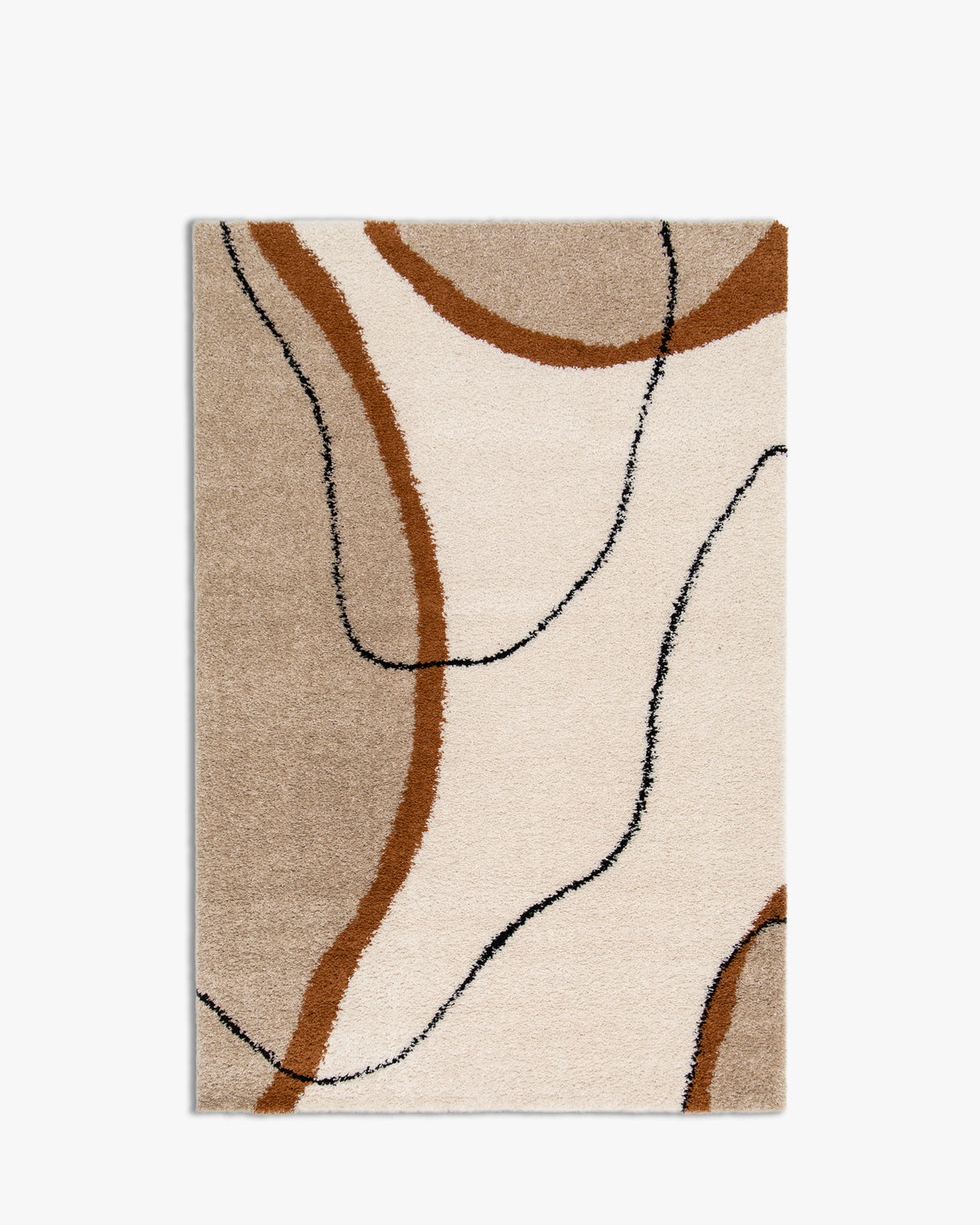 tapis de salon Solano petit format écru à courbes ocre soulignées de noir - vu de dessus