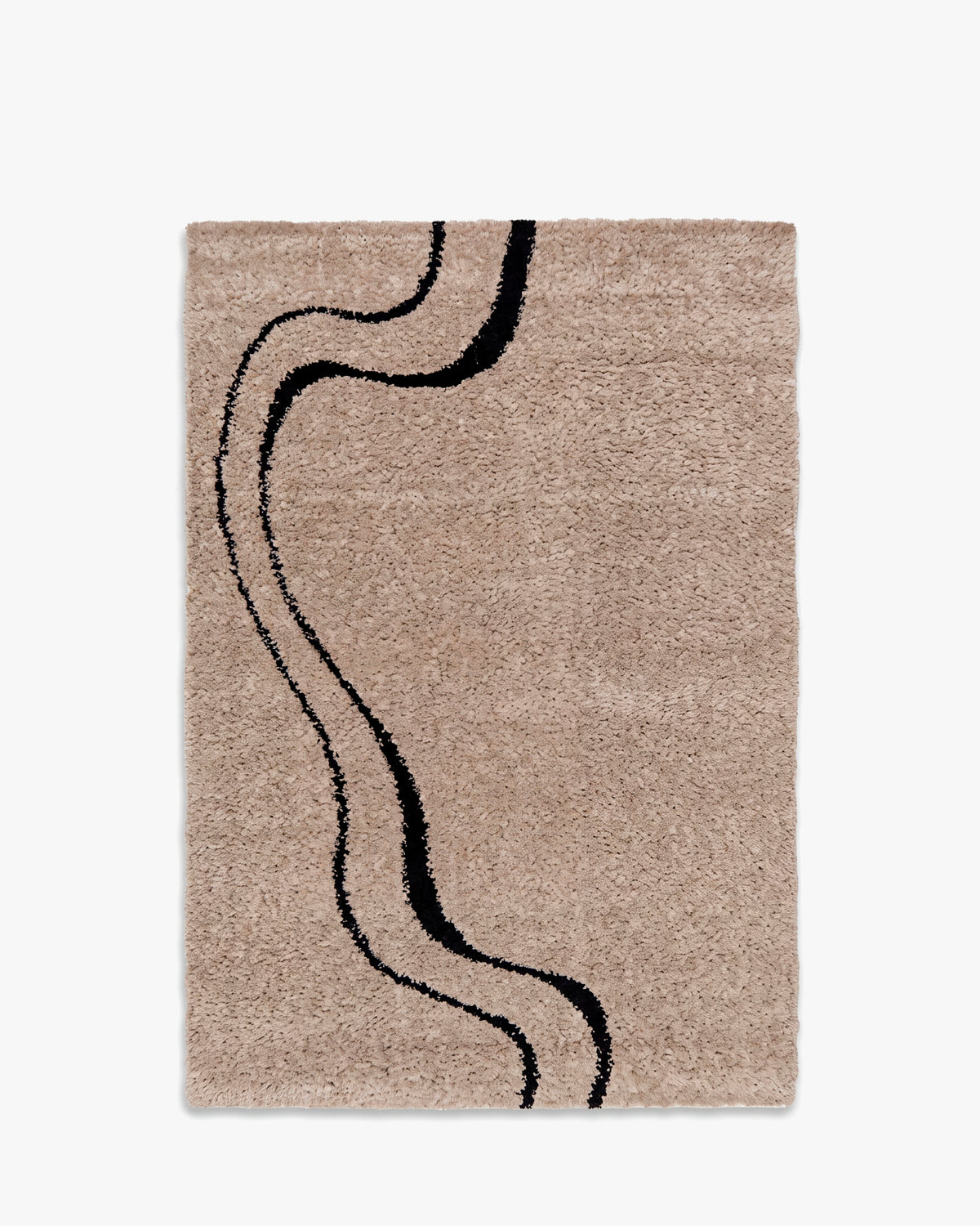 tapis DRIFT beige à courbes noires dessinées, packshot vu de dessus sur fond blanc
